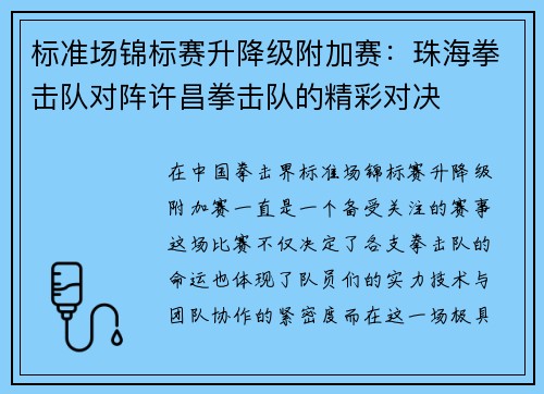 标准场锦标赛升降级附加赛：珠海拳击队对阵许昌拳击队的精彩对决